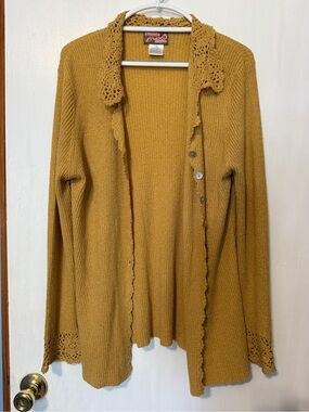 Women's April Cornell, Button Up Cardigan Sweater W/  Crochet Trim - XL